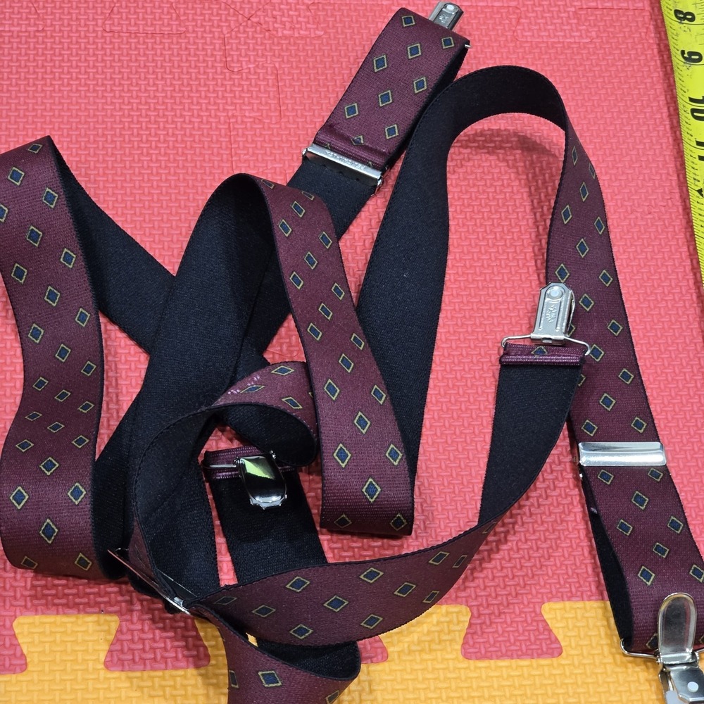 Vintage Men's Suspenders‎ X-Back Maroon Burgundy Diamond LUCKY USA Clips - Picture 6 of 7